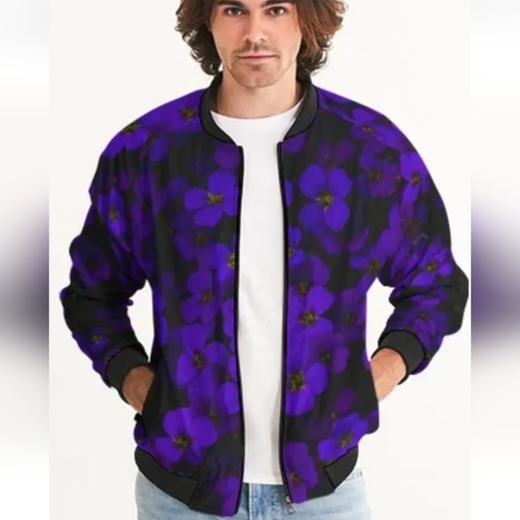 Harlow & Lloyd Midnight Purple Flower Bomber Jacket Mens Large Unisex EUC - Picture 2 of 8